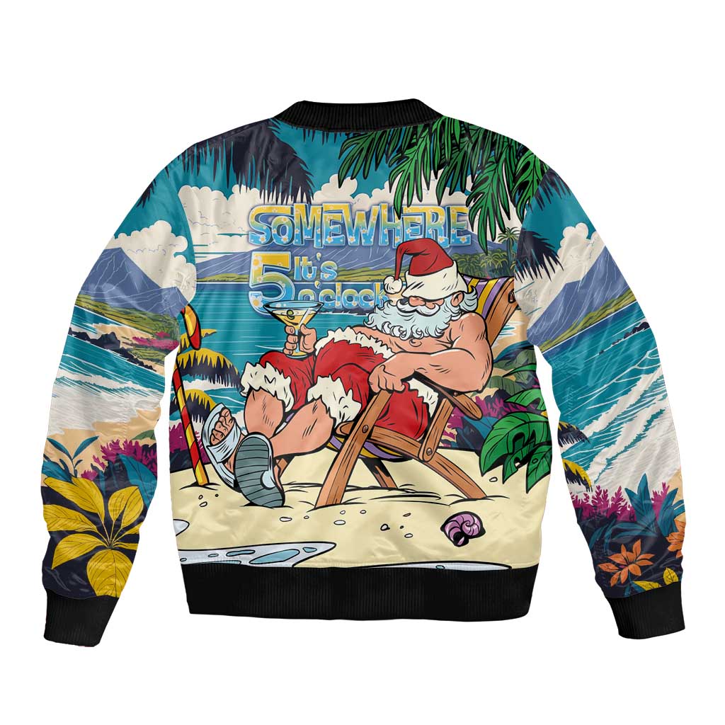 Mele Kalikimaka Hawaii It's 5 o'clock Somewhere Bomber Jacket Funny Lazy Santa Claus Chilling with Cocktail - Polynesian Pride