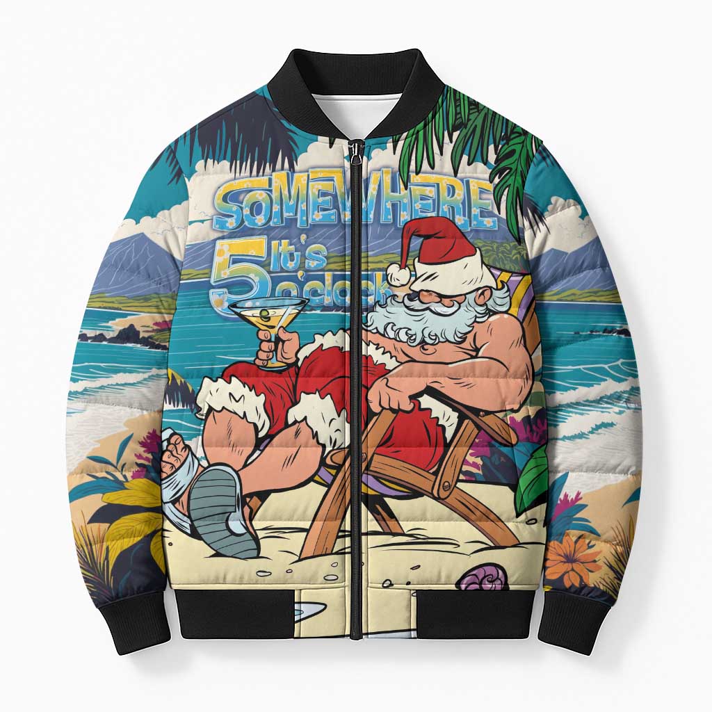 Mele Kalikimaka Hawaii It's 5 o'clock Somewhere Bomber Puffer Jacket Funny Lazy Santa Claus Chilling with Cocktail - Polynesian Pride