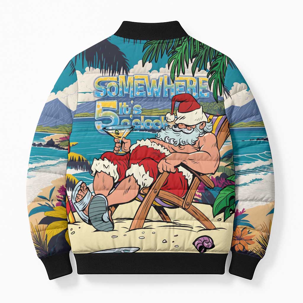 Mele Kalikimaka Hawaii It's 5 o'clock Somewhere Bomber Puffer Jacket Funny Lazy Santa Claus Chilling with Cocktail - Polynesian Pride