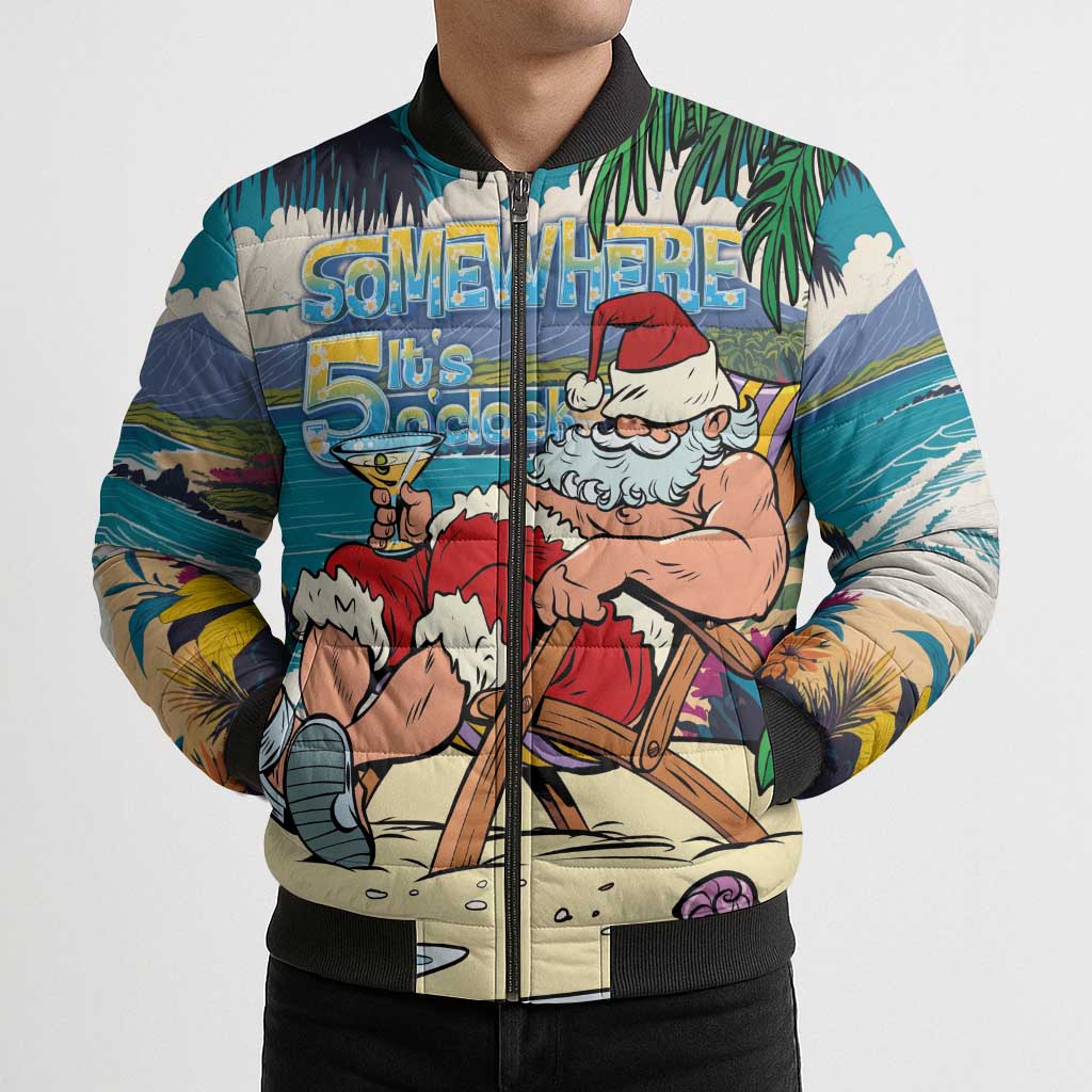 Mele Kalikimaka Hawaii It's 5 o'clock Somewhere Bomber Puffer Jacket Funny Lazy Santa Claus Chilling with Cocktail - Polynesian Pride