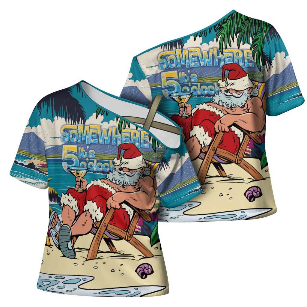 Mele Kalikimaka Hawaii It's 5 o'clock Somewhere Cross Shoulder Shirt Funny Lazy Santa Claus Chilling with Cocktail - Polynesian Pride