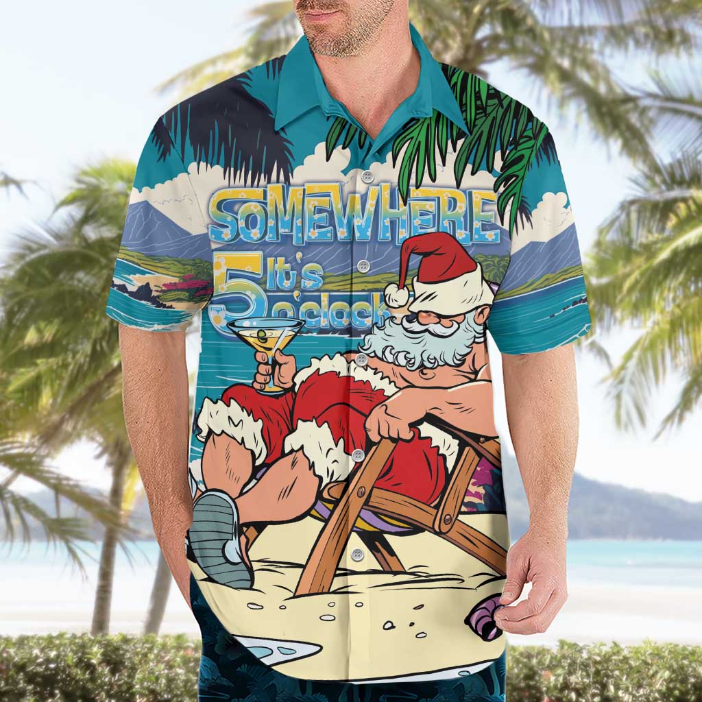 Mele Kalikimaka Hawaii It's 5 o'clock Somewhere Hawaiian Shirt Funny Lazy Santa Claus Chilling with Cocktail - Polynesian Pride