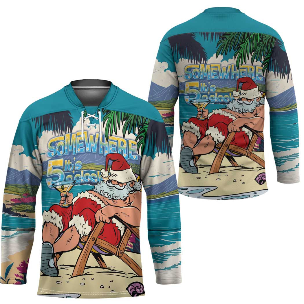 Mele Kalikimaka Hawaii It's 5 o'clock Somewhere Hockey Jersey Funny Lazy Santa Claus Chilling with Cocktail - Polynesian Pride