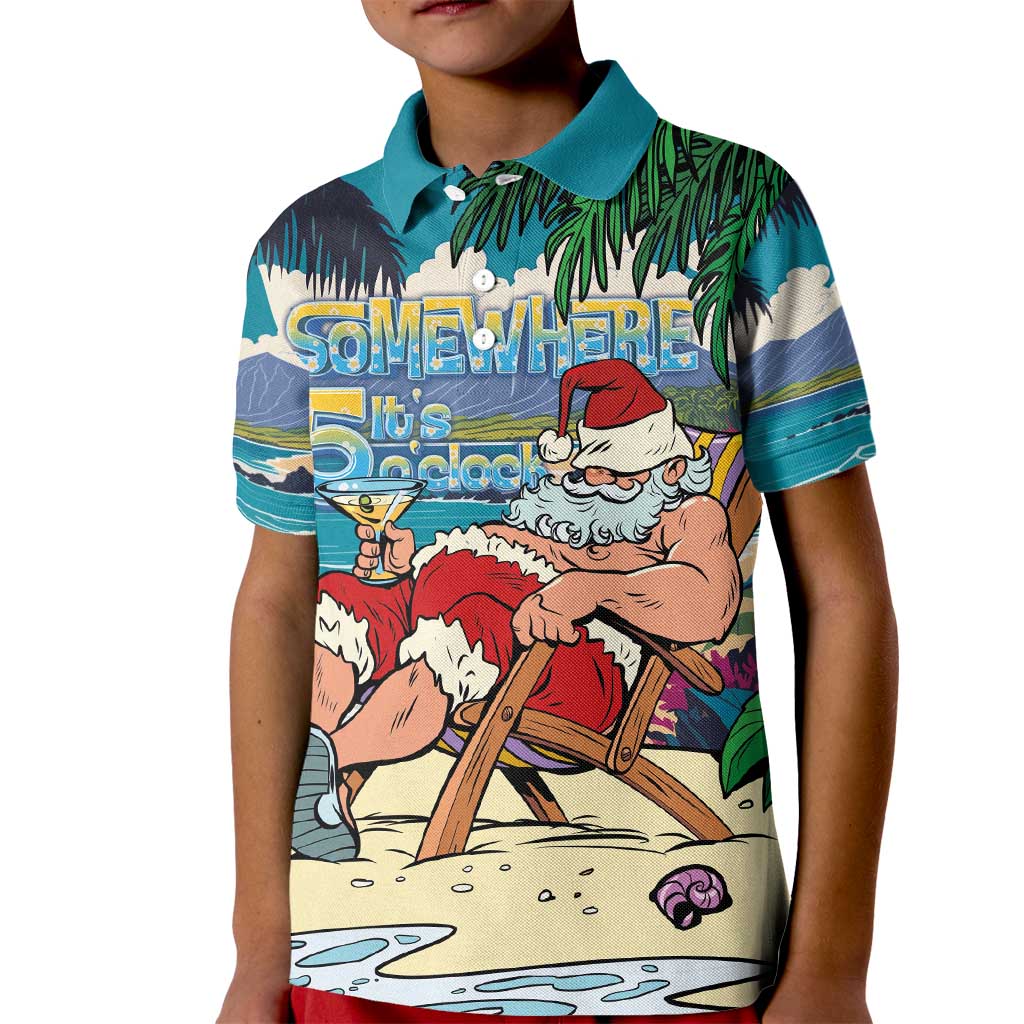 Mele Kalikimaka Hawaii It's 5 o'clock Somewhere Kid Polo Shirt Funny Lazy Santa Claus Chilling with Cocktail - Polynesian Pride