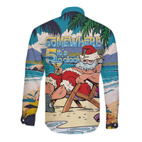 Mele Kalikimaka Hawaii It's 5 o'clock Somewhere Long Sleeve Button Shirt Funny Lazy Santa Claus Chilling with Cocktail - Polynesian Pride