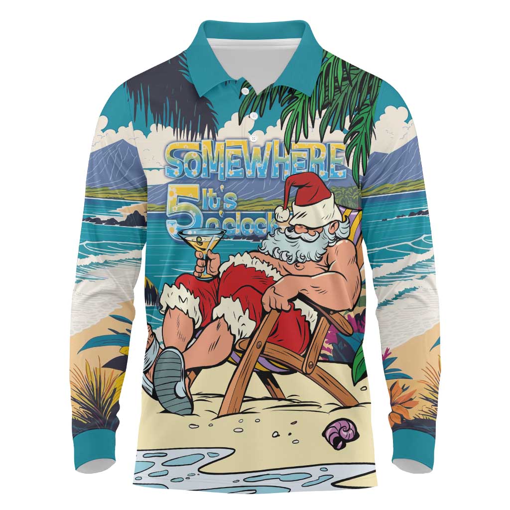 Mele Kalikimaka Hawaii It's 5 o'clock Somewhere Long Sleeve Polo Shirt Funny Lazy Santa Claus Chilling with Cocktail - Polynesian Pride