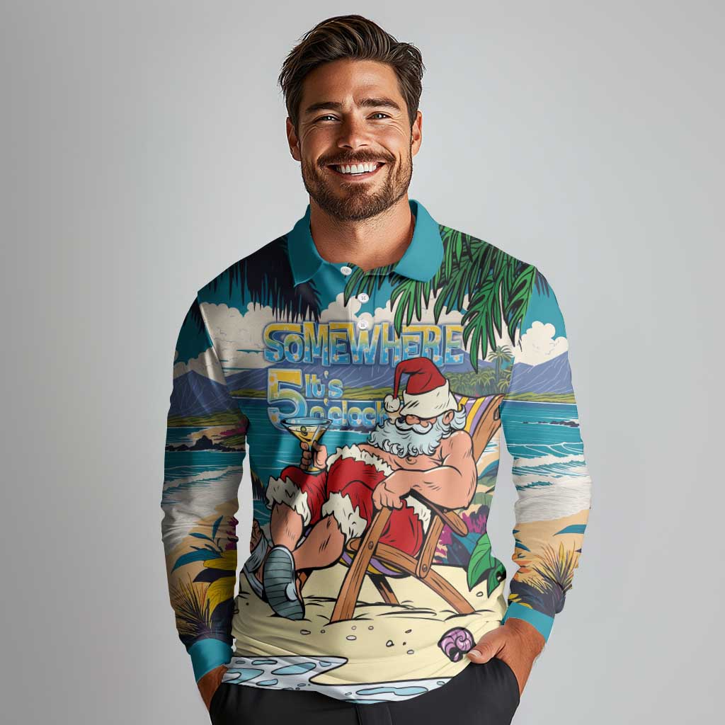 Mele Kalikimaka Hawaii It's 5 o'clock Somewhere Long Sleeve Polo Shirt Funny Lazy Santa Claus Chilling with Cocktail - Polynesian Pride