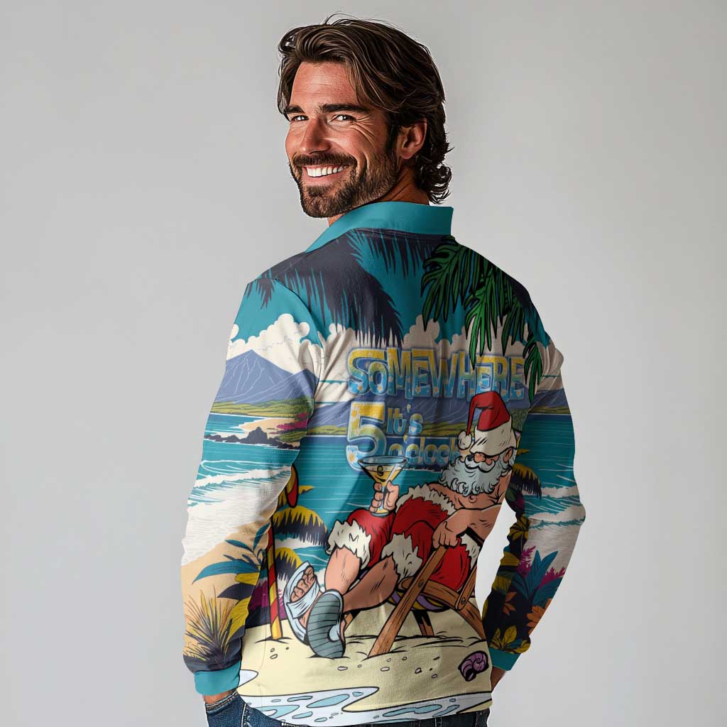 Mele Kalikimaka Hawaii It's 5 o'clock Somewhere Long Sleeve Polo Shirt Funny Lazy Santa Claus Chilling with Cocktail - Polynesian Pride