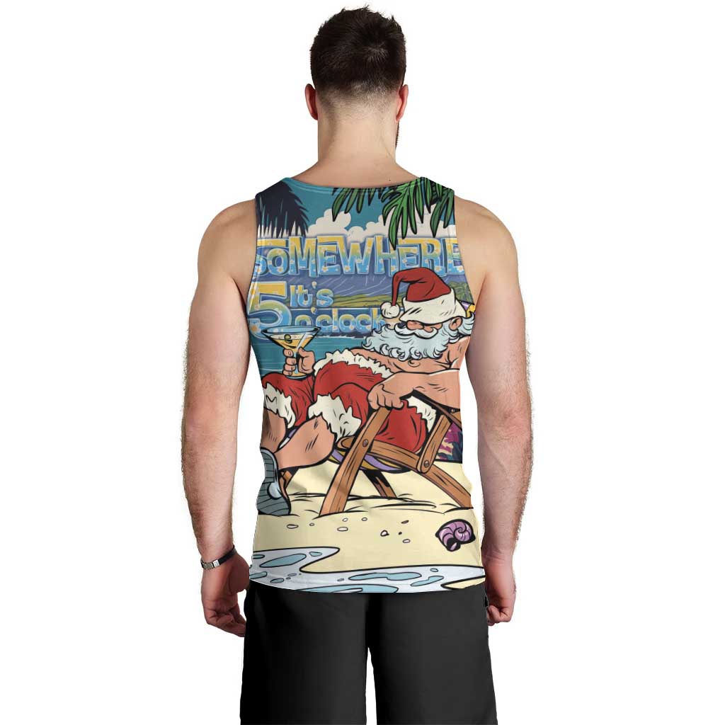 Mele Kalikimaka Hawaii It's 5 o'clock Somewhere Men Tank Top Funny Lazy Santa Claus Chilling with Cocktail - Polynesian Pride