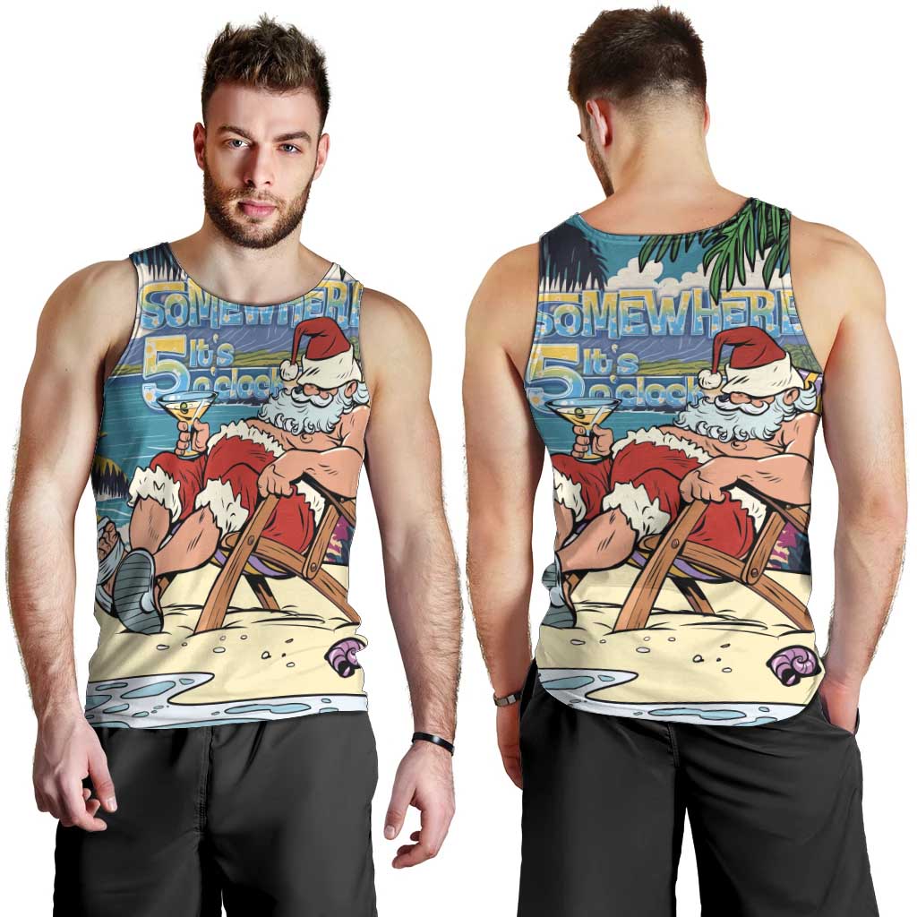 Mele Kalikimaka Hawaii It's 5 o'clock Somewhere Men Tank Top Funny Lazy Santa Claus Chilling with Cocktail - Polynesian Pride