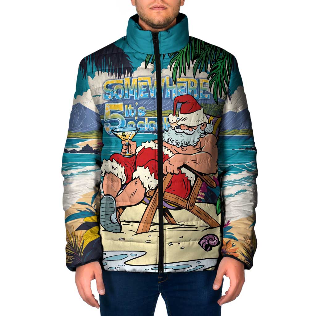 Mele Kalikimaka Hawaii It's 5 o'clock Somewhere Padded Jacket Funny Lazy Santa Claus Chilling with Cocktail - Polynesian Pride