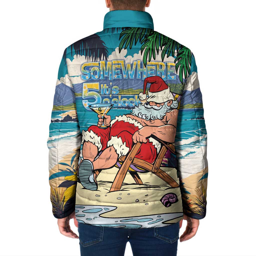 Mele Kalikimaka Hawaii It's 5 o'clock Somewhere Padded Jacket Funny Lazy Santa Claus Chilling with Cocktail - Polynesian Pride