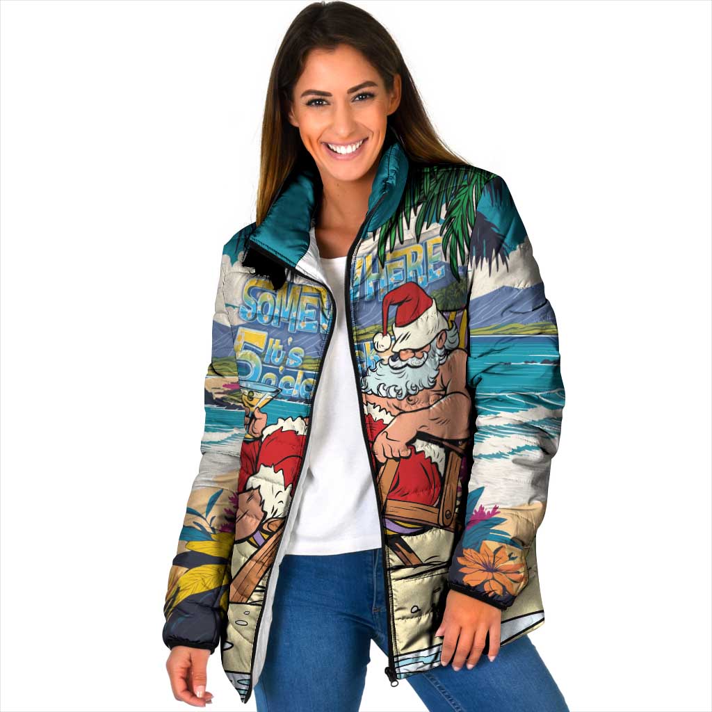 Mele Kalikimaka Hawaii It's 5 o'clock Somewhere Padded Jacket Funny Lazy Santa Claus Chilling with Cocktail - Polynesian Pride