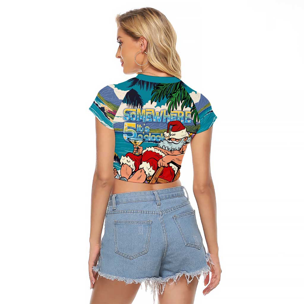 Mele Kalikimaka Hawaii It's 5 o'clock Somewhere Raglan Cropped T Shirt Funny Lazy Santa Claus Chilling with Cocktail - Polynesian Pride