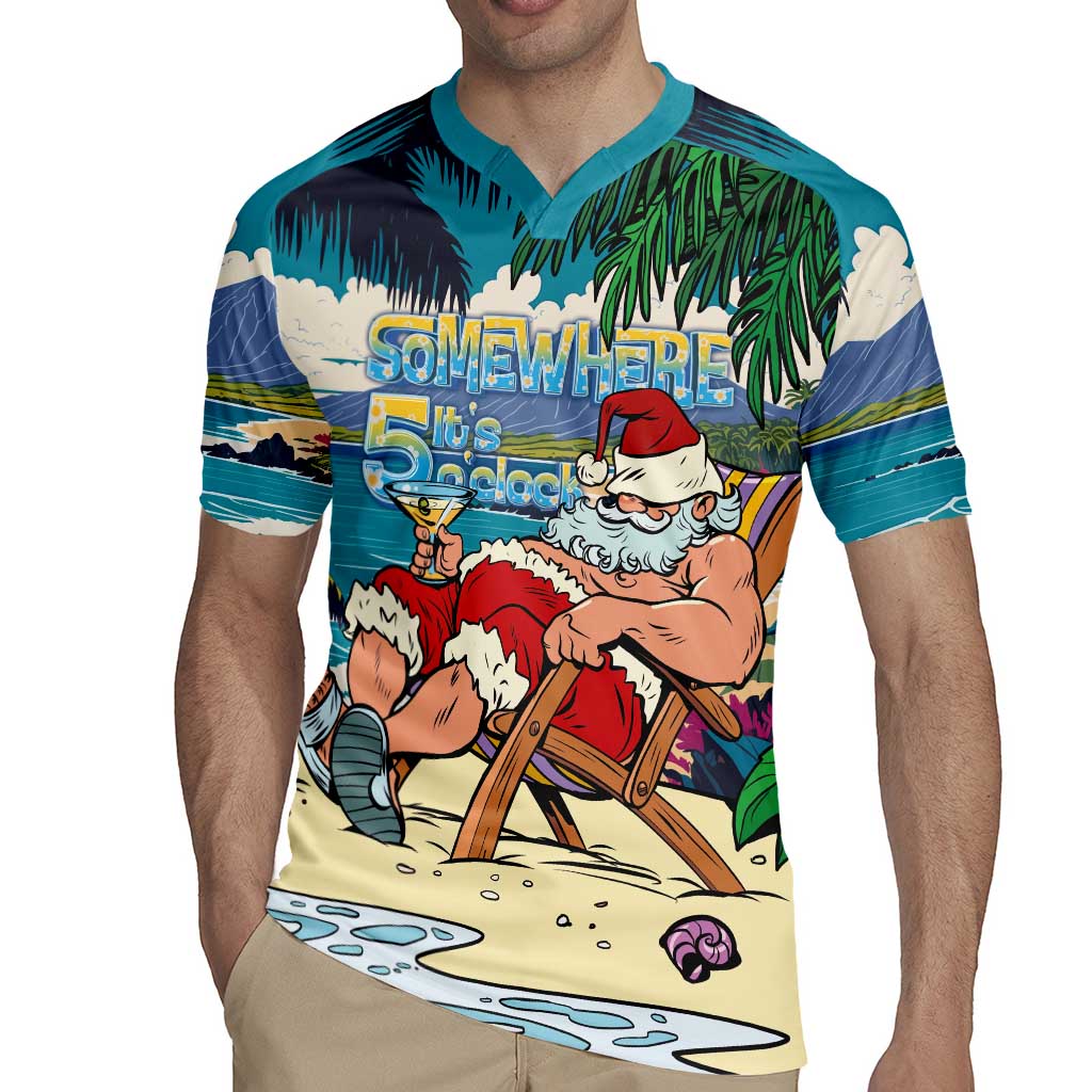 Mele Kalikimaka Hawaii It's 5 o'clock Somewhere Rugby Jersey Funny Lazy Santa Claus Chilling with Cocktail - Polynesian Pride