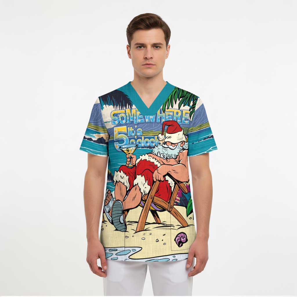 Mele Kalikimaka Hawaii It's 5 o'clock Somewhere Scrub Top Funny Lazy Santa Claus Chilling with Cocktail - Polynesian Pride