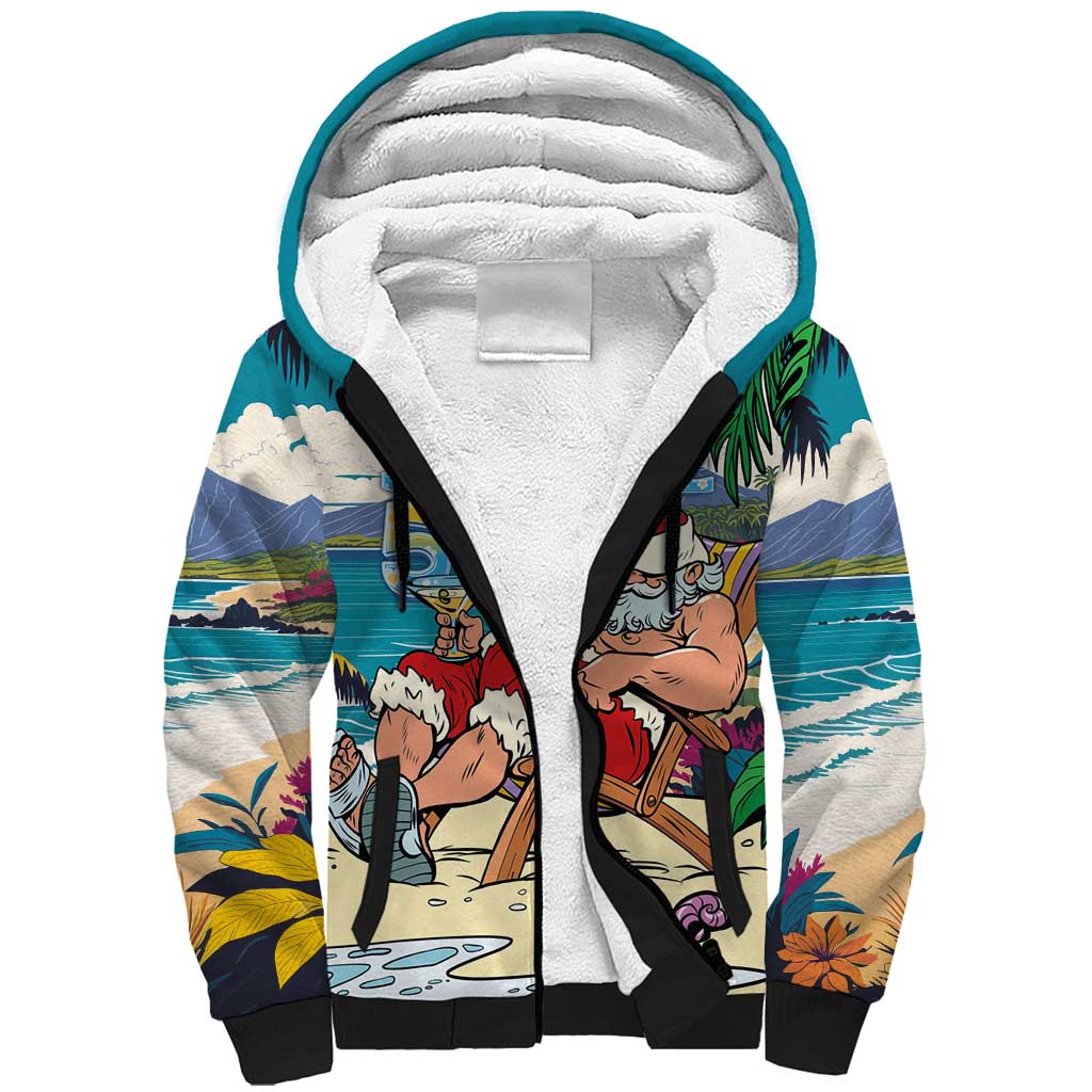 Mele Kalikimaka Hawaii It's 5 o'clock Somewhere Sherpa Hoodie Funny Lazy Santa Claus Chilling with Cocktail - Polynesian Pride