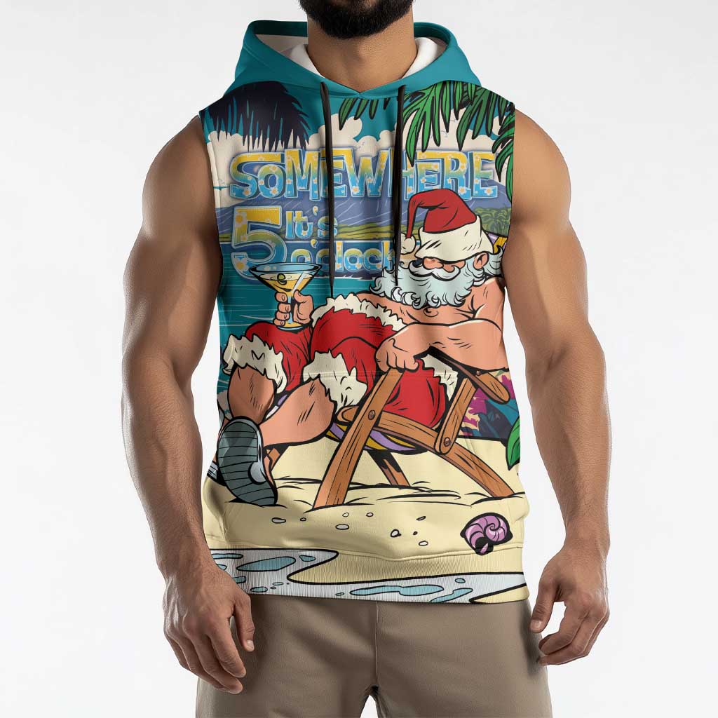 Mele Kalikimaka Hawaii It's 5 o'clock Somewhere Sleeveless Hoodie Funny Lazy Santa Claus Chilling with Cocktail - Polynesian Pride