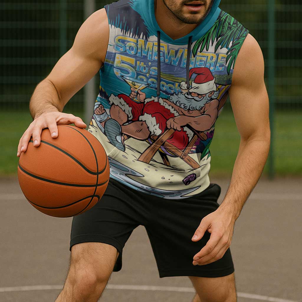 Mele Kalikimaka Hawaii It's 5 o'clock Somewhere Sleeveless Hoodie Funny Lazy Santa Claus Chilling with Cocktail - Polynesian Pride