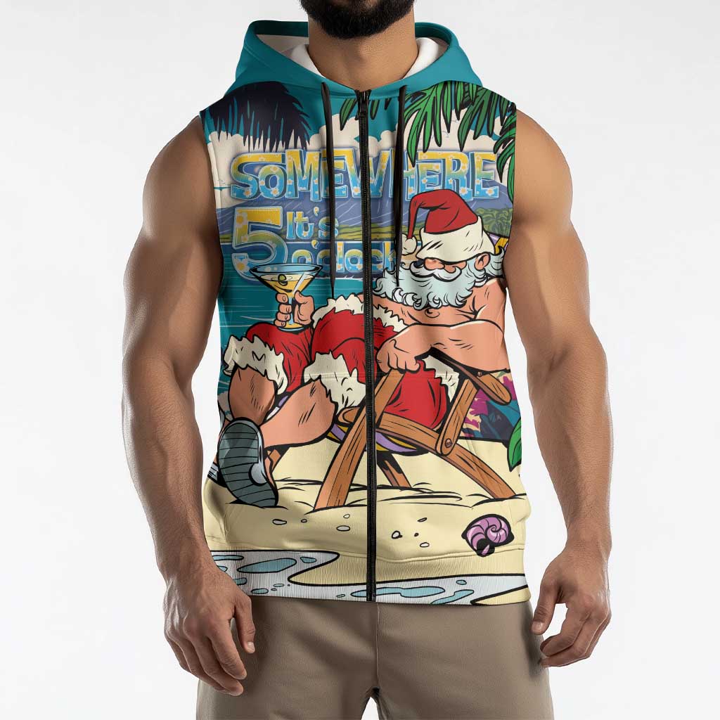 Mele Kalikimaka Hawaii It's 5 o'clock Somewhere Sleeveless Zip Hoodie Funny Lazy Santa Claus Chilling with Cocktail - Polynesian Pride