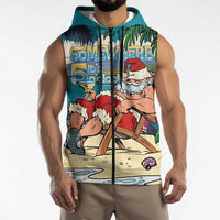 Mele Kalikimaka Hawaii It's 5 o'clock Somewhere Sleeveless Zip Hoodie Funny Lazy Santa Claus Chilling with Cocktail - Polynesian Pride