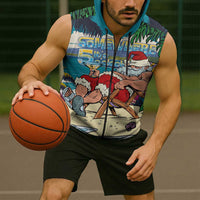 Mele Kalikimaka Hawaii It's 5 o'clock Somewhere Sleeveless Zip Hoodie Funny Lazy Santa Claus Chilling with Cocktail - Polynesian Pride