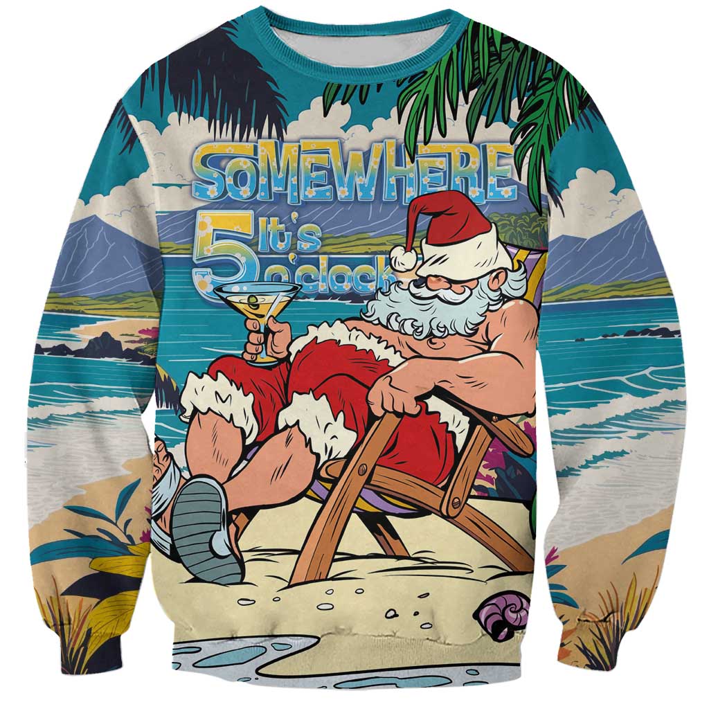 Mele Kalikimaka Hawaii It's 5 o'clock Somewhere Sweatshirt Funny Lazy Santa Claus Chilling with Cocktail - Polynesian Pride