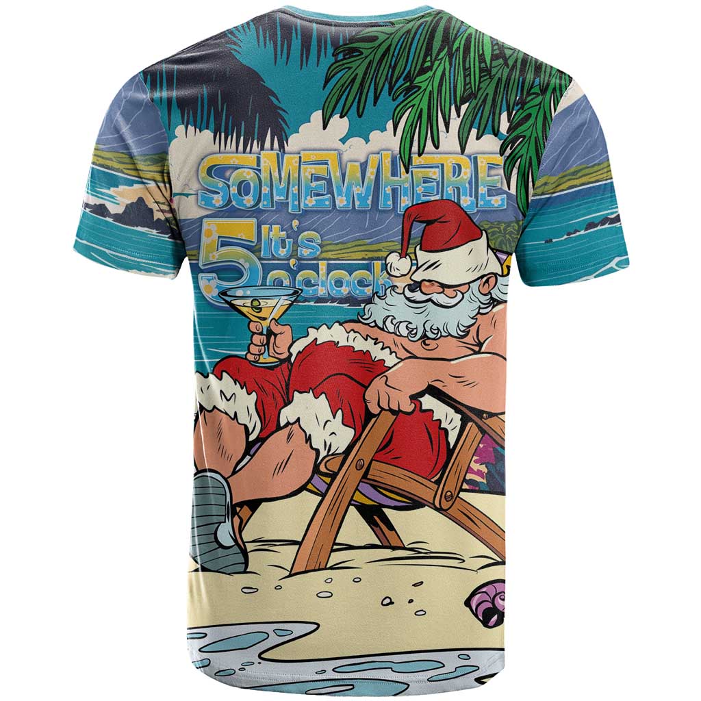 Mele Kalikimaka Hawaii It's 5 o'clock Somewhere T Shirt Funny Lazy Santa Claus Chilling with Cocktail - Polynesian Pride
