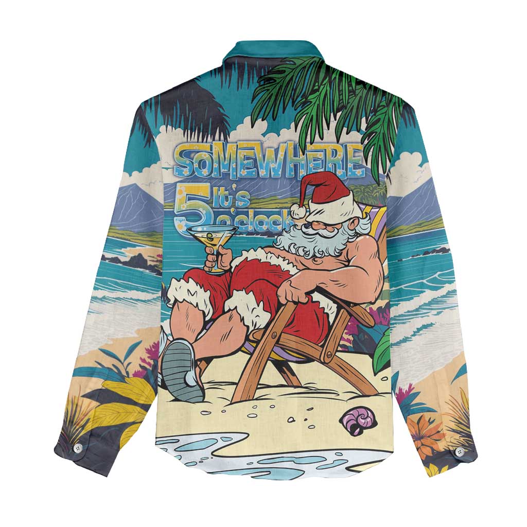 Mele Kalikimaka Hawaii It's 5 o'clock Somewhere Women Casual Shirt Funny Lazy Santa Claus Chilling with Cocktail - Polynesian Pride