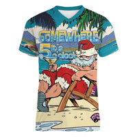 Mele Kalikimaka Hawaii It's 5 o'clock Somewhere Women V-Neck T-Shirt Funny Lazy Santa Claus Chilling with Cocktail - Polynesian Pride