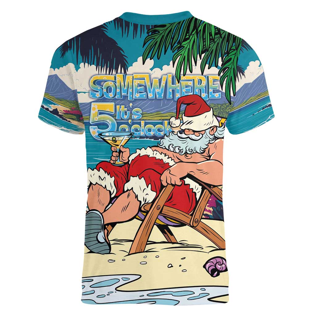 Mele Kalikimaka Hawaii It's 5 o'clock Somewhere Women V-Neck T-Shirt Funny Lazy Santa Claus Chilling with Cocktail - Polynesian Pride