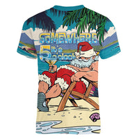 Mele Kalikimaka Hawaii It's 5 o'clock Somewhere Women V-Neck T-Shirt Funny Lazy Santa Claus Chilling with Cocktail - Polynesian Pride