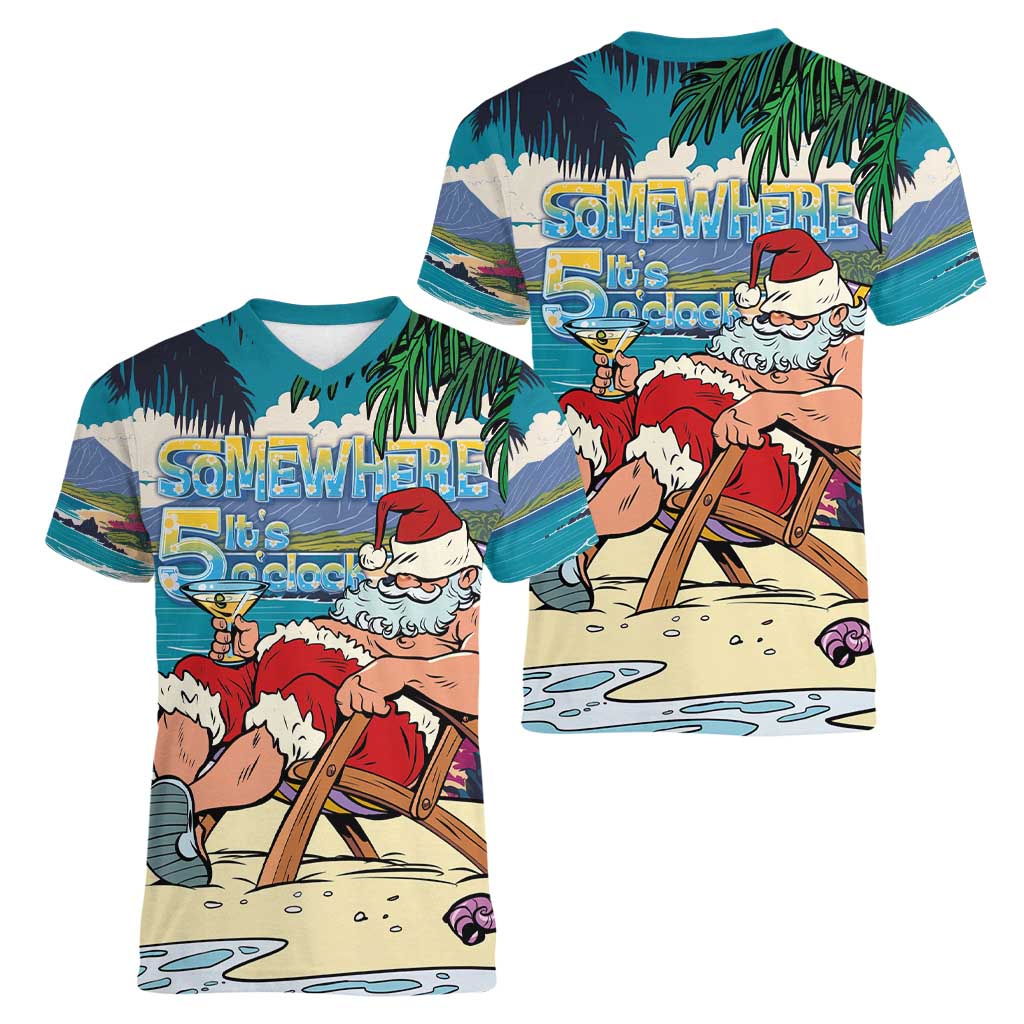 Mele Kalikimaka Hawaii It's 5 o'clock Somewhere Women V-Neck T-Shirt Funny Lazy Santa Claus Chilling with Cocktail - Polynesian Pride