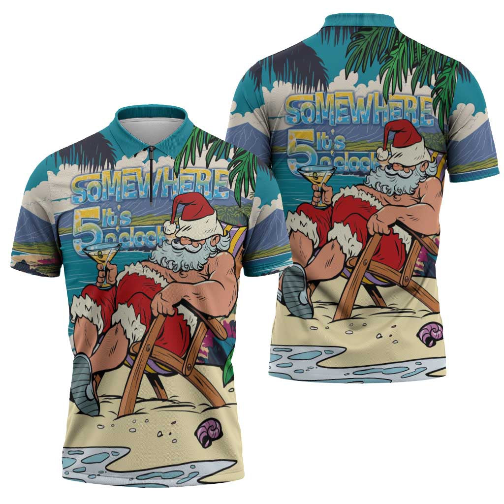 Mele Kalikimaka Hawaii It's 5 o'clock Somewhere Zipper Polo Shirt Funny Lazy Santa Claus Chilling with Cocktail - Polynesian Pride