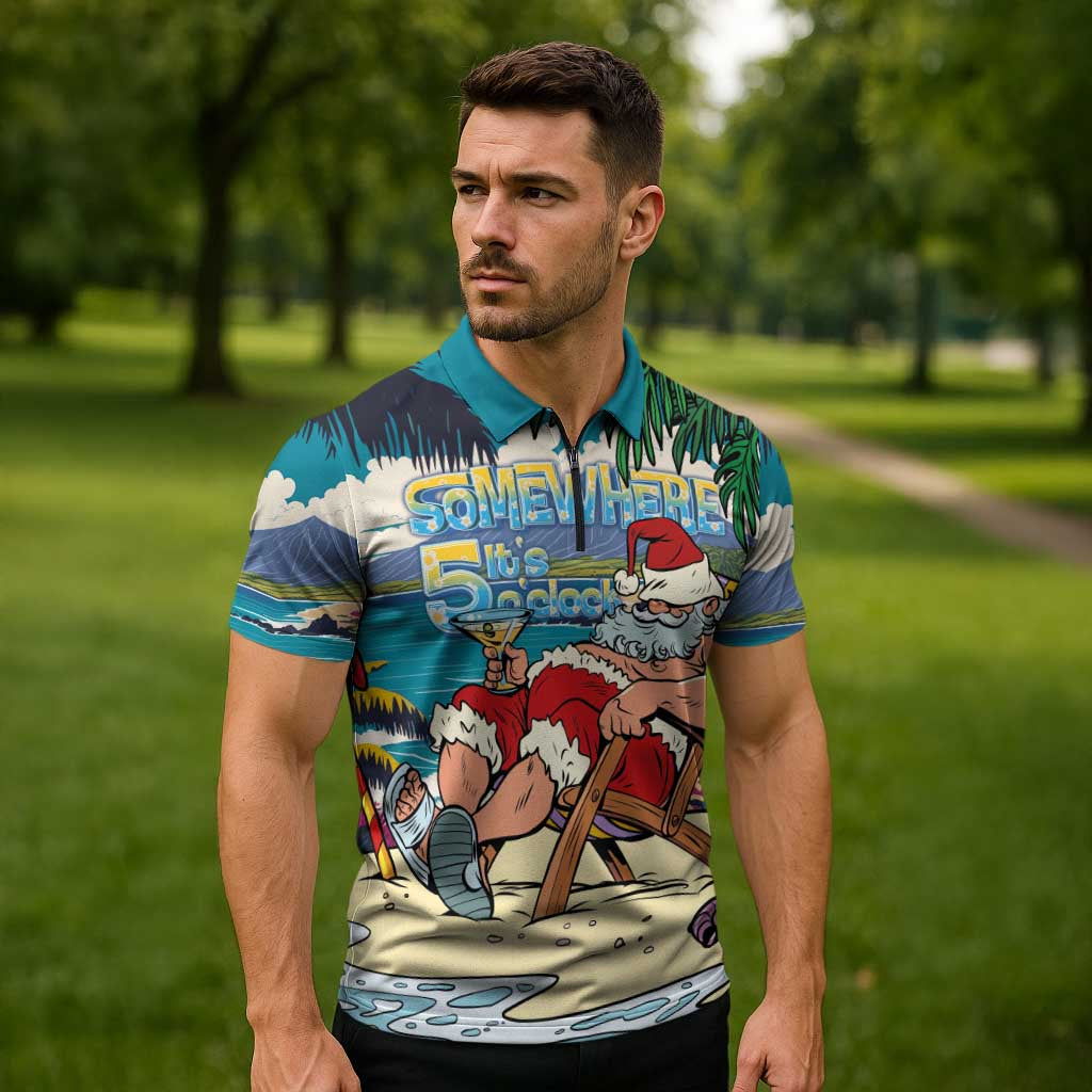 Mele Kalikimaka Hawaii It's 5 o'clock Somewhere Zipper Polo Shirt Funny Lazy Santa Claus Chilling with Cocktail - Polynesian Pride