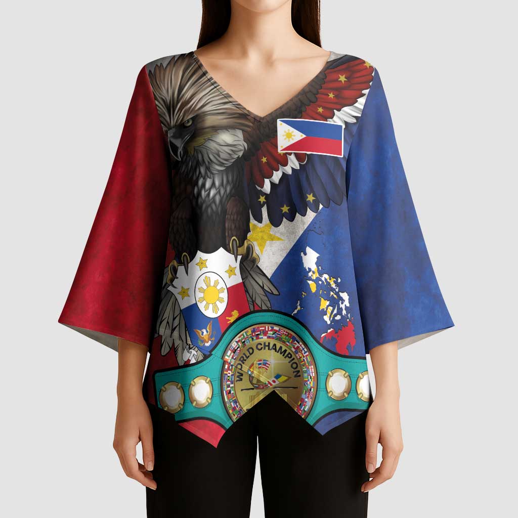 Custom Philippines World Champion Boxing Kimono Sleeve Blouse Eagle-Grunge Design - Polynesian Pride