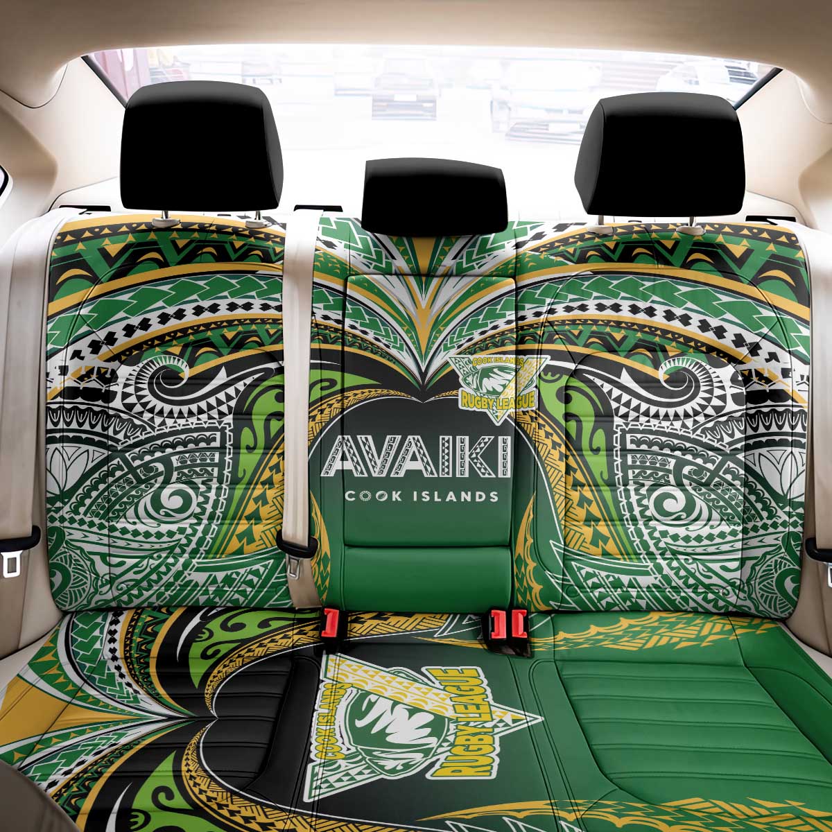 Cook Islands Rugby League Back Car Seat Cover Avaiki Tatau Tribal Motifs Black Color - Polynesian Pride