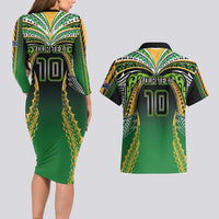 Custom Cook Islands Rugby League Couples Matching Long Sleeve Bodycon Dress and Hawaiian Shirt Avaiki Tatau Tribal Motifs Black Color - Polynesian Pride