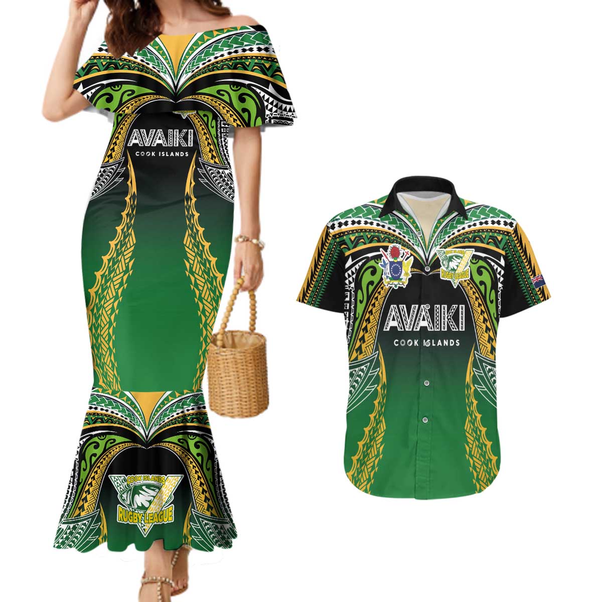 Custom Cook Islands Rugby League Couples Matching Mermaid Dress and Hawaiian Shirt Avaiki Tatau Tribal Motifs Black Color - Polynesian Pride