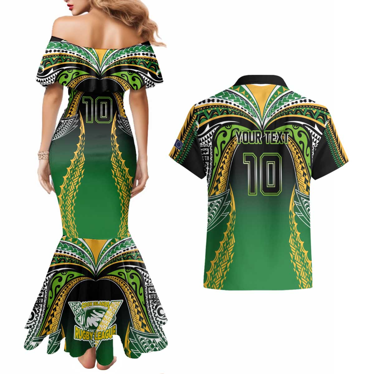 Custom Cook Islands Rugby League Couples Matching Mermaid Dress and Hawaiian Shirt Avaiki Tatau Tribal Motifs Black Color - Polynesian Pride