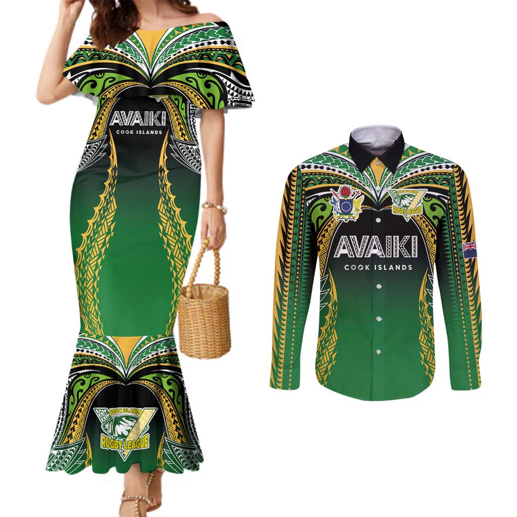 Custom Cook Islands Rugby League Couples Matching Mermaid Dress and Long Sleeve Button Shirt Avaiki Tatau Tribal Motifs Black Color LT03 Black - Polynesian Pride