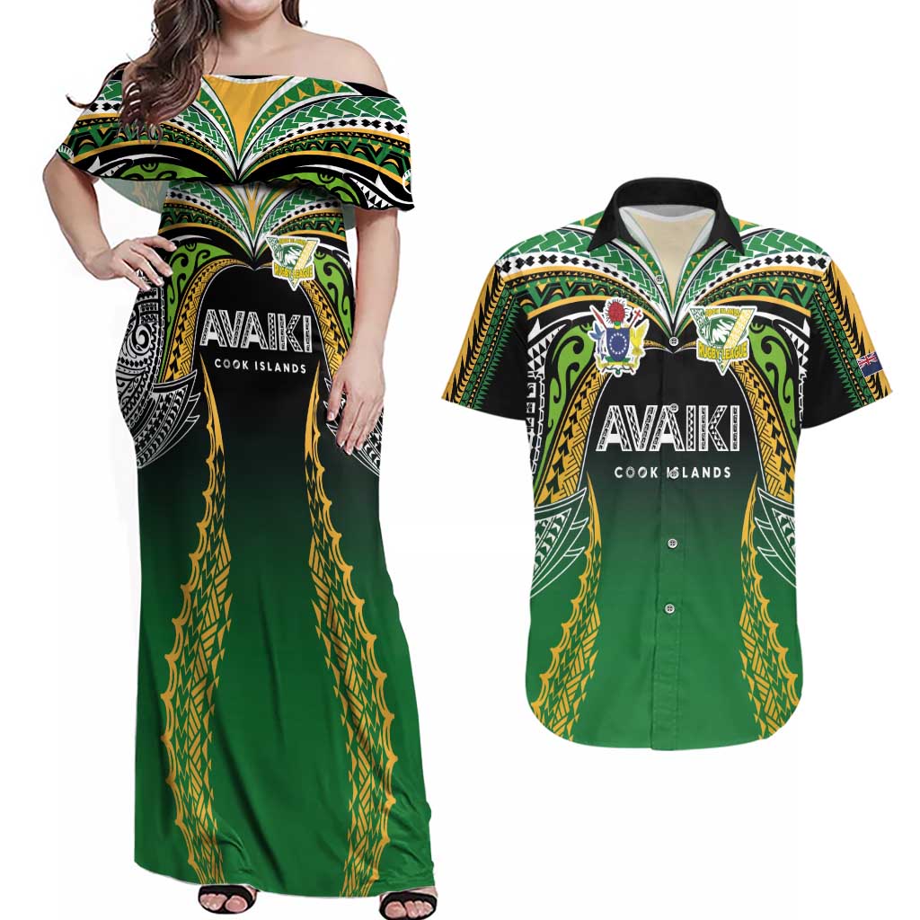 Custom Cook Islands Rugby League Couples Matching Off Shoulder Maxi Dress and Hawaiian Shirt Avaiki Tatau Tribal Motifs Black Color - Polynesian Pride