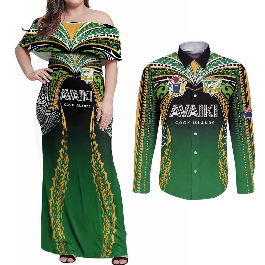 Custom Cook Islands Rugby League Couples Matching Off Shoulder Maxi Dress and Long Sleeve Button Shirt Avaiki Tatau Tribal Motifs Black Color LT03 Black - Polynesian Pride