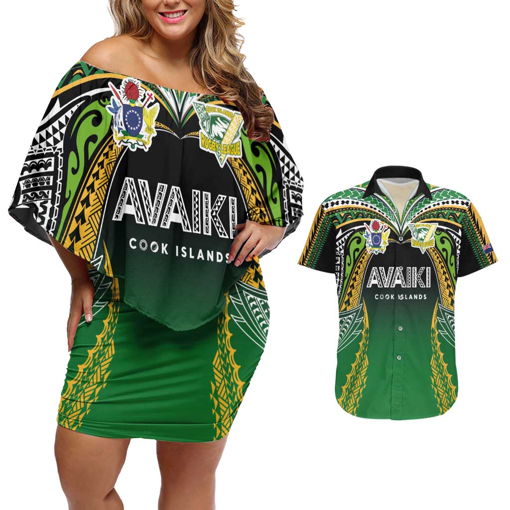 Custom Cook Islands Rugby League Couples Matching Off Shoulder Short Dress and Hawaiian Shirt Avaiki Tatau Tribal Motifs Black Color - Polynesian Pride