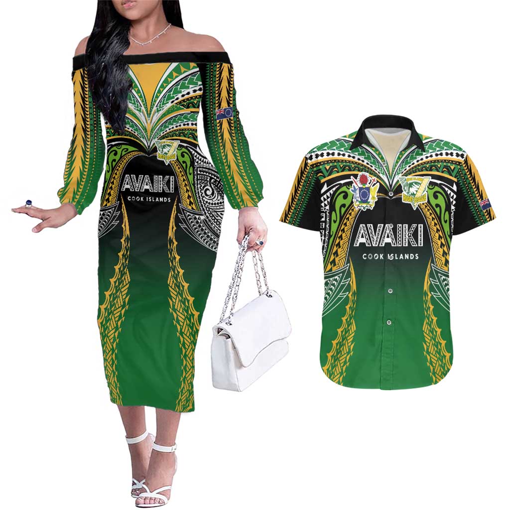 Custom Cook Islands Rugby League Couples Matching Off The Shoulder Long Sleeve Dress and Hawaiian Shirt Avaiki Tatau Tribal Motifs Black Color - Polynesian Pride