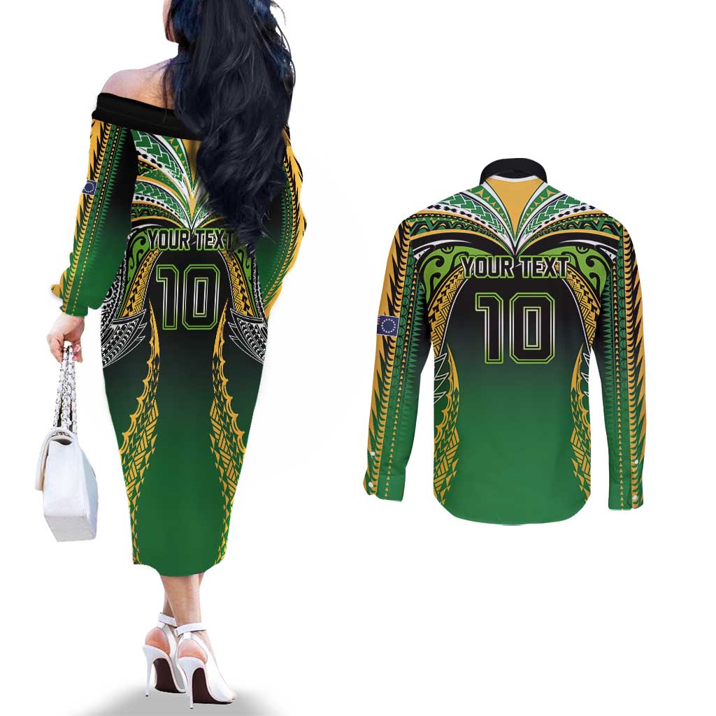 Custom Cook Islands Rugby League Couples Matching Off The Shoulder Long Sleeve Dress and Long Sleeve Button Shirt Avaiki Tatau Tribal Motifs Black Color LT03 - Polynesian Pride