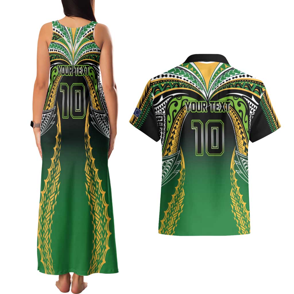 Custom Cook Islands Rugby League Couples Matching Tank Maxi Dress and Hawaiian Shirt Avaiki Tatau Tribal Motifs Black Color - Polynesian Pride