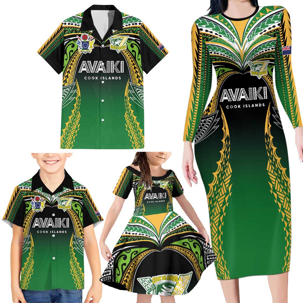 Custom Cook Islands Rugby League Family Matching Long Sleeve Bodycon Dress and Hawaiian Shirt Avaiki Tatau Tribal Motifs Black Color - Polynesian Pride