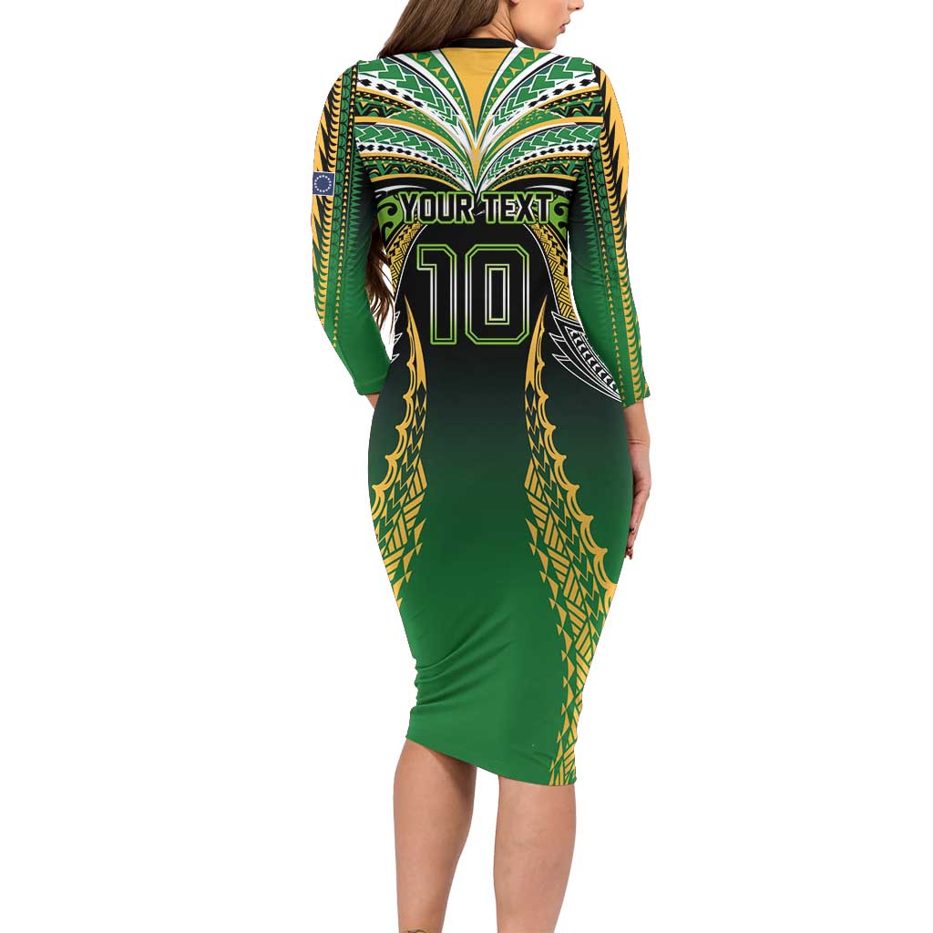 Custom Cook Islands Rugby League Family Matching Long Sleeve Bodycon Dress and Hawaiian Shirt Avaiki Tatau Tribal Motifs Black Color - Polynesian Pride