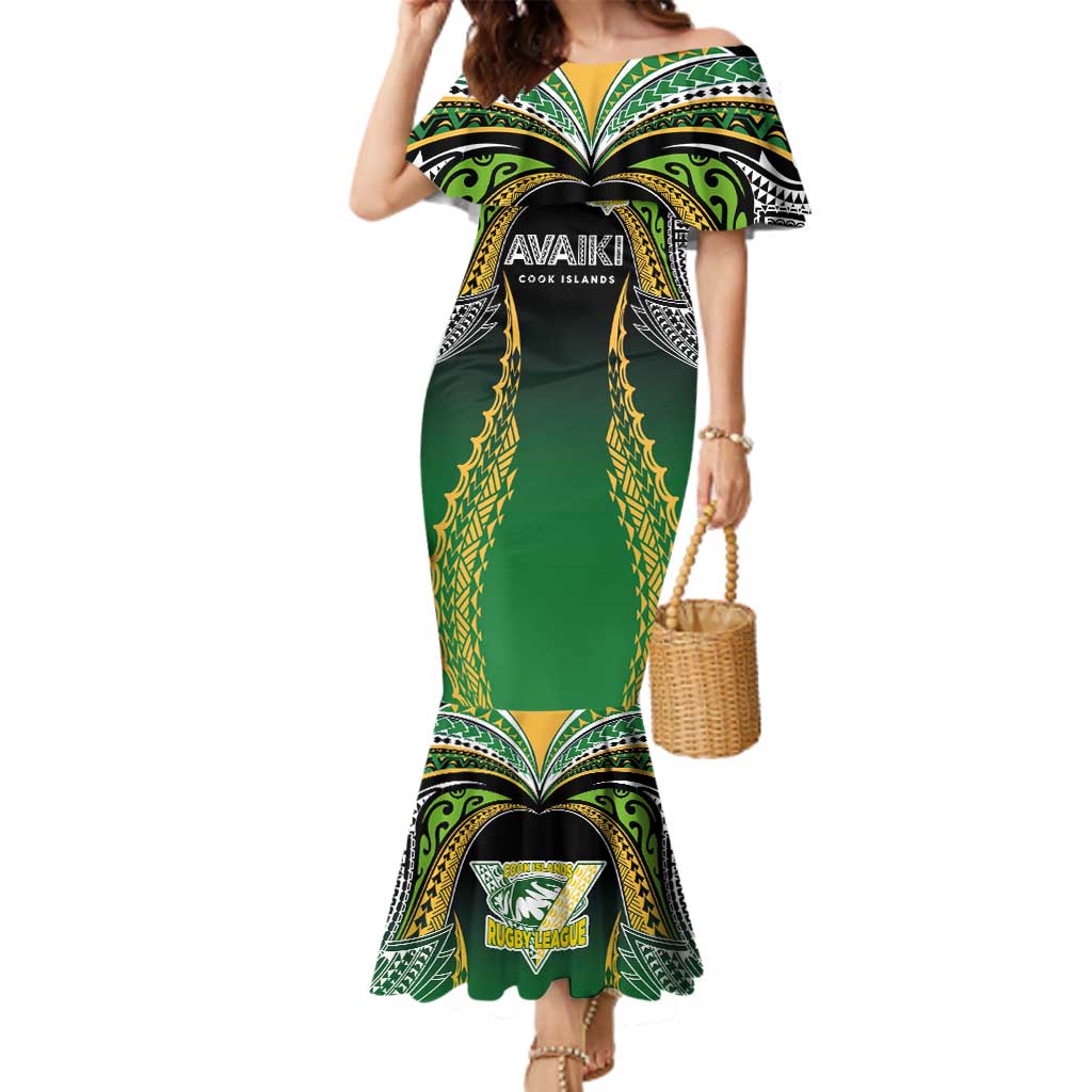 Custom Cook Islands Rugby League Family Matching Mermaid Dress and Hawaiian Shirt Avaiki Tatau Tribal Motifs Black Color - Polynesian Pride